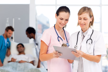 Healthcare professionals discussing patient records