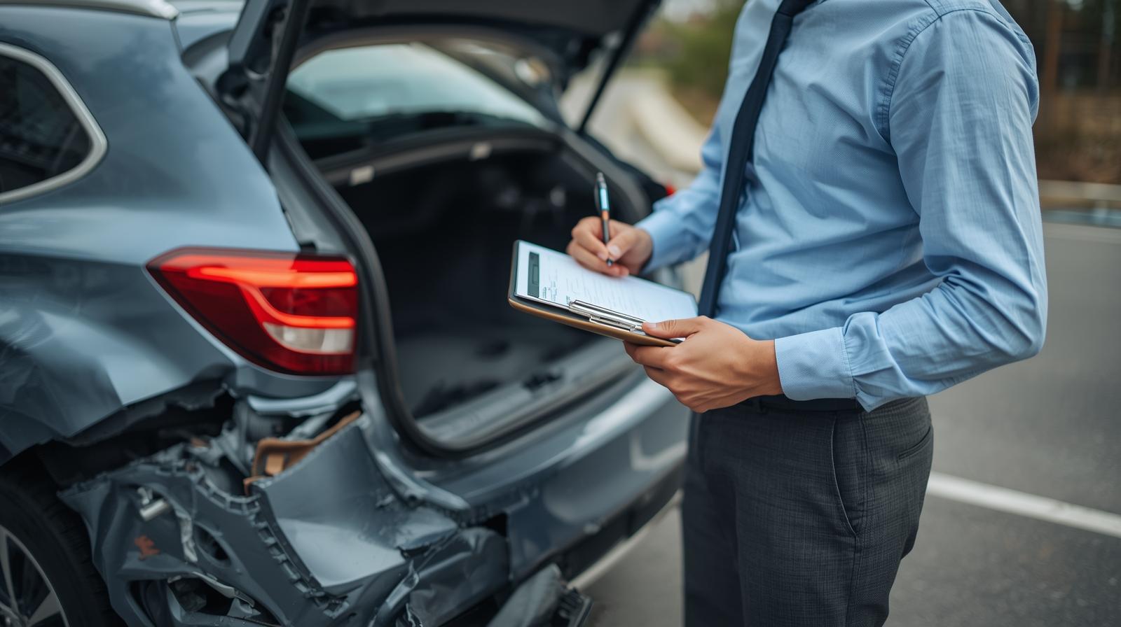 man with clipboard walking around damaged vehicle